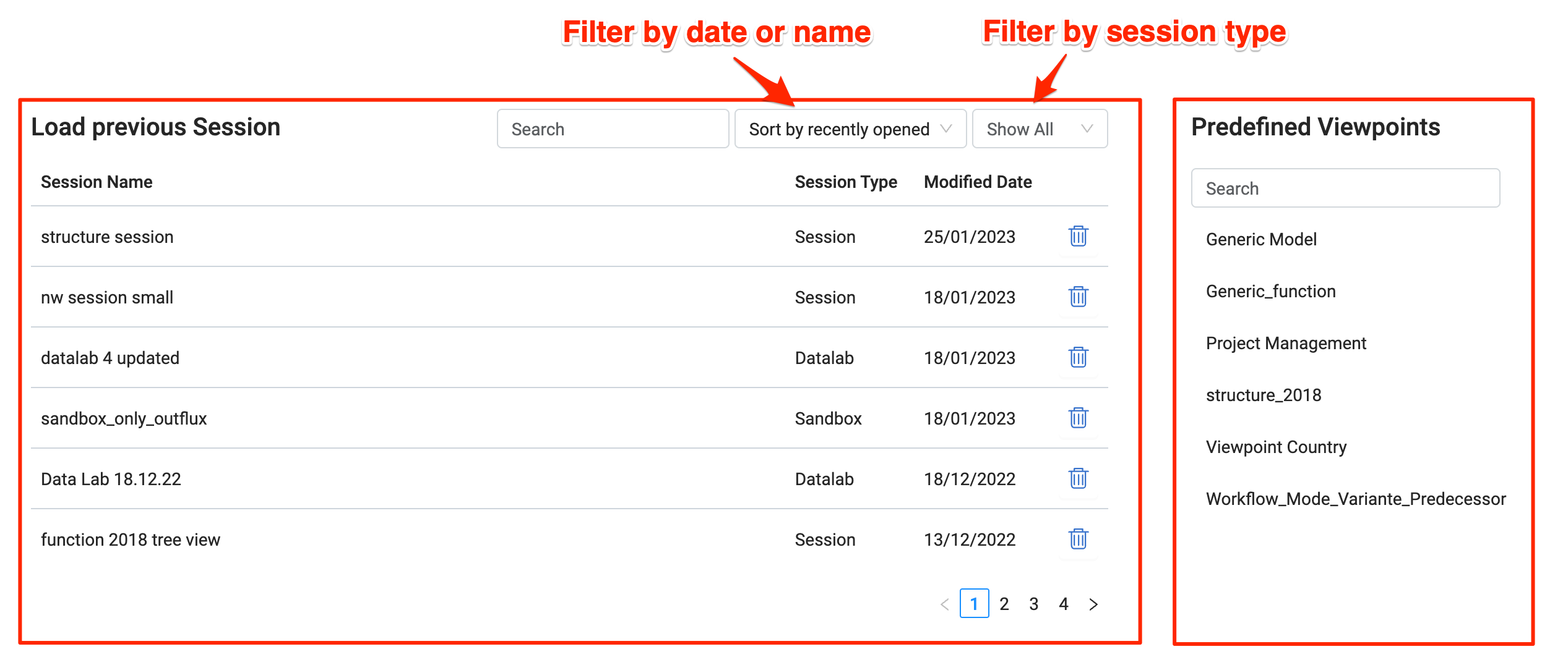 Dashboard Load Sessions and Viewpoints