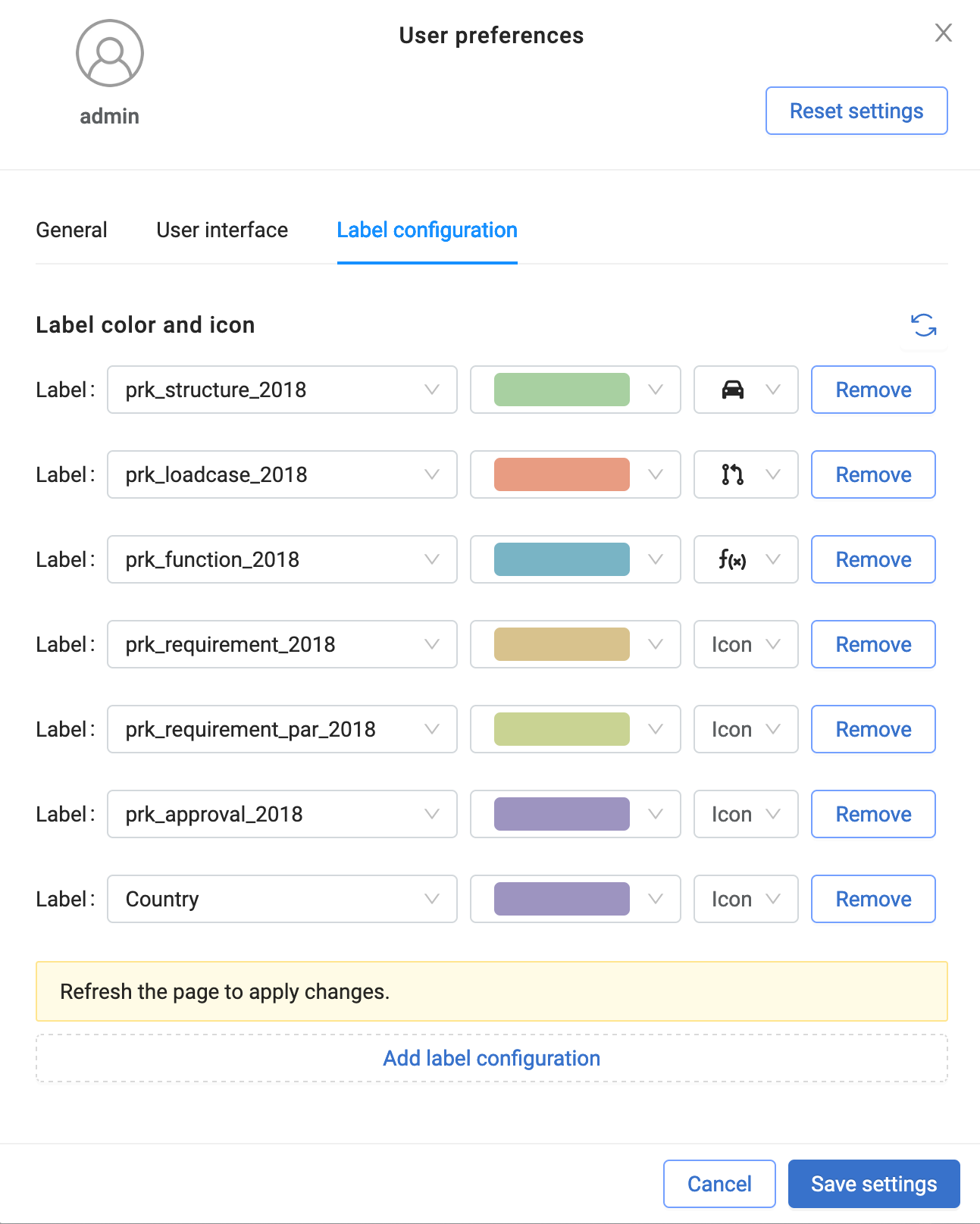 Personalisation Label Configuration Settings